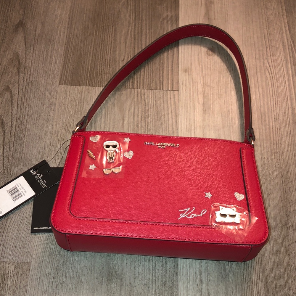 Karl Lagerfeld Crimson Leather Shoulder Bag Fixed Karl & Choupette Charms NWT